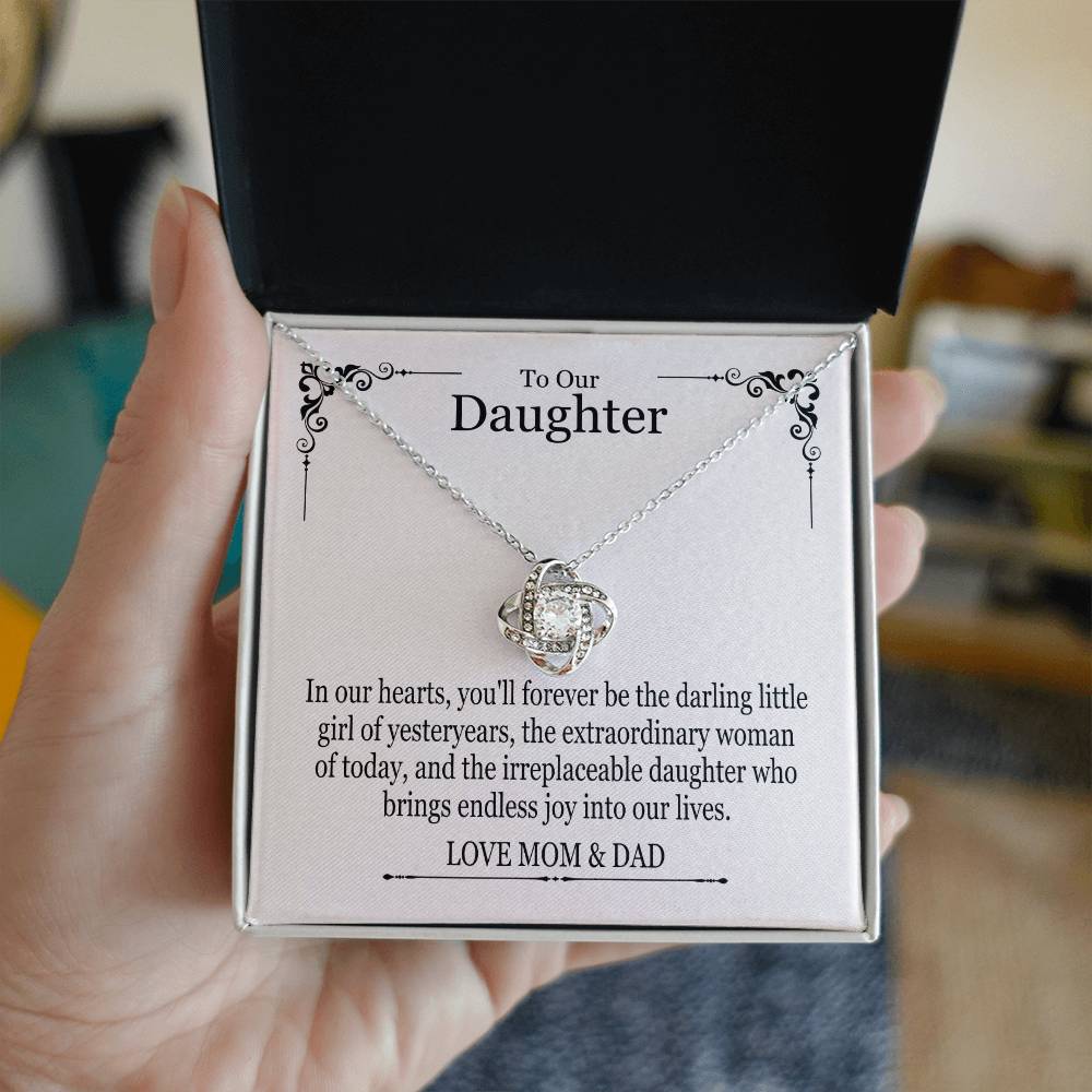 To Our Daughter From Mom & Dad - In Our Hearts You'll Forever Be - Love Knot Necklace