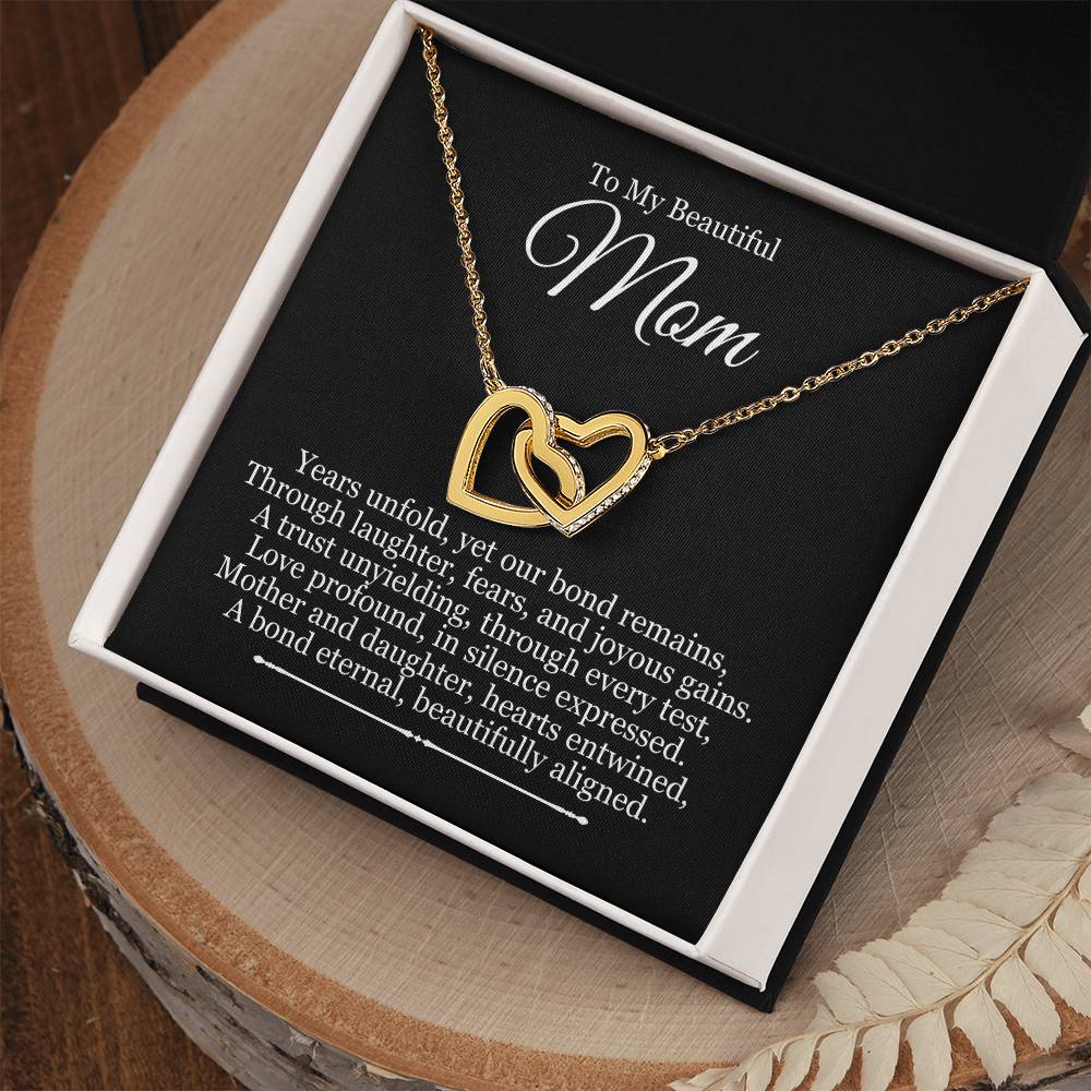 To Mom From Daughter - Years Unfold Yet Our Bond Remains - Interlocking Hearts Necklace