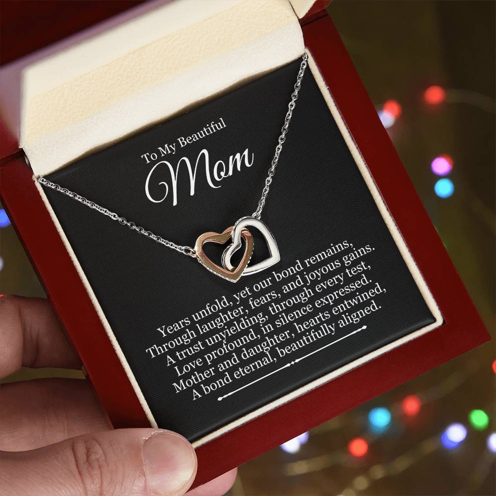 To Mom From Daughter - Years Unfold Yet Our Bond Remains - Interlocking Hearts Necklace