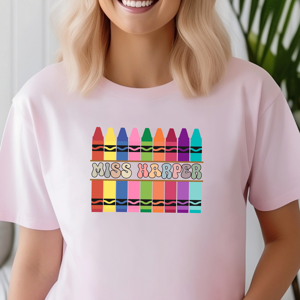 Personalized Crayon Teacher Name Heavyweight Unisex Crewneck T-shirt | Gildan® 5000